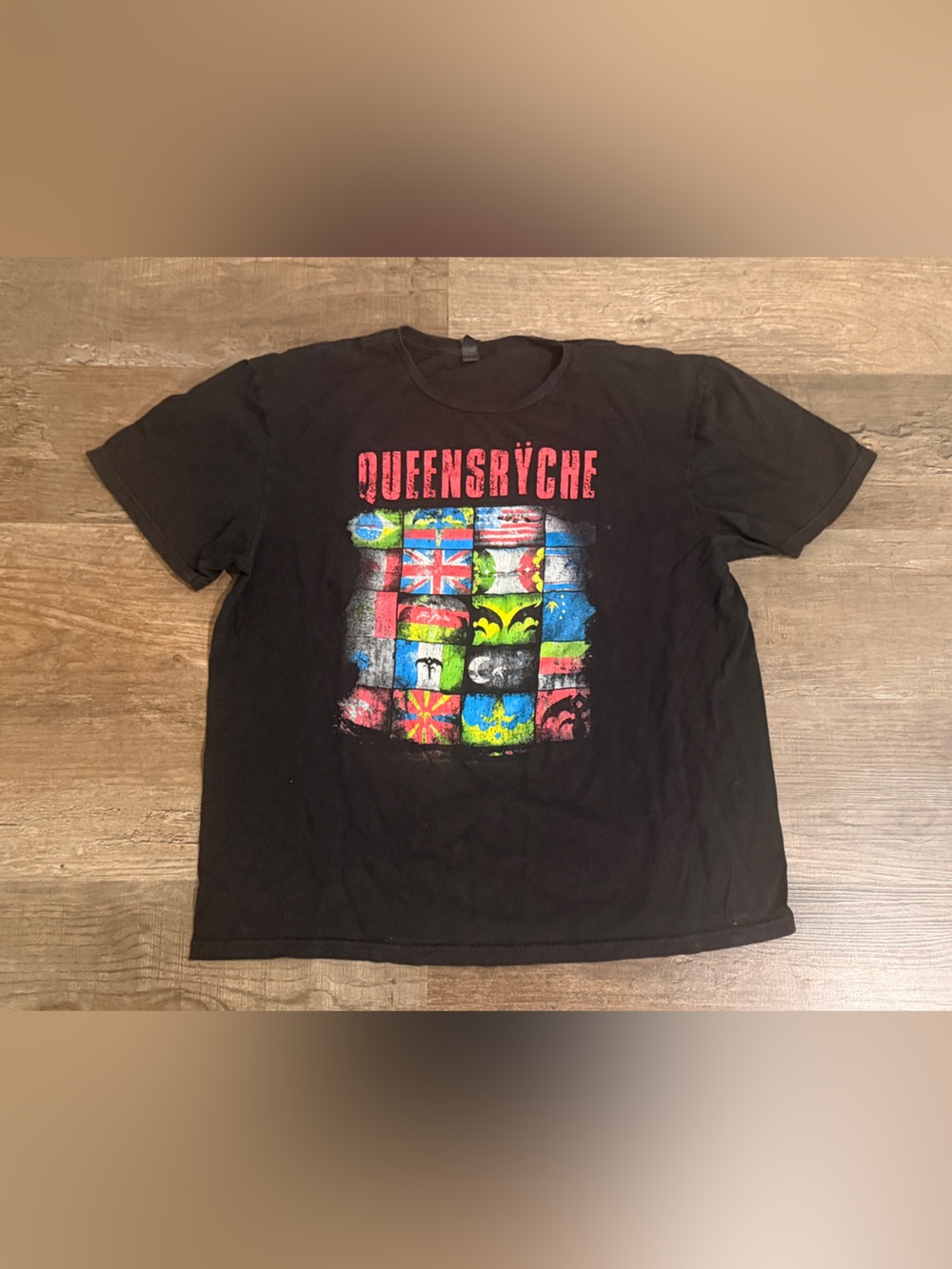 Gildan Black Queensrÿche Graphic Tee with Multicolor Flag Grid